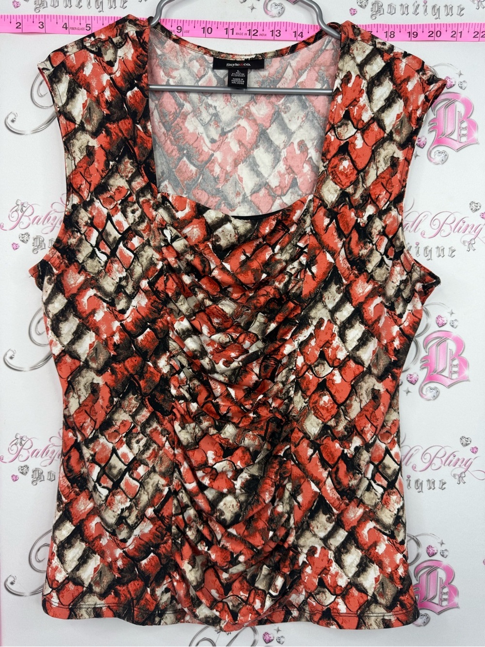 Style & Co. Orange red, Black & Cream Snake-Print Draped Neck Shell